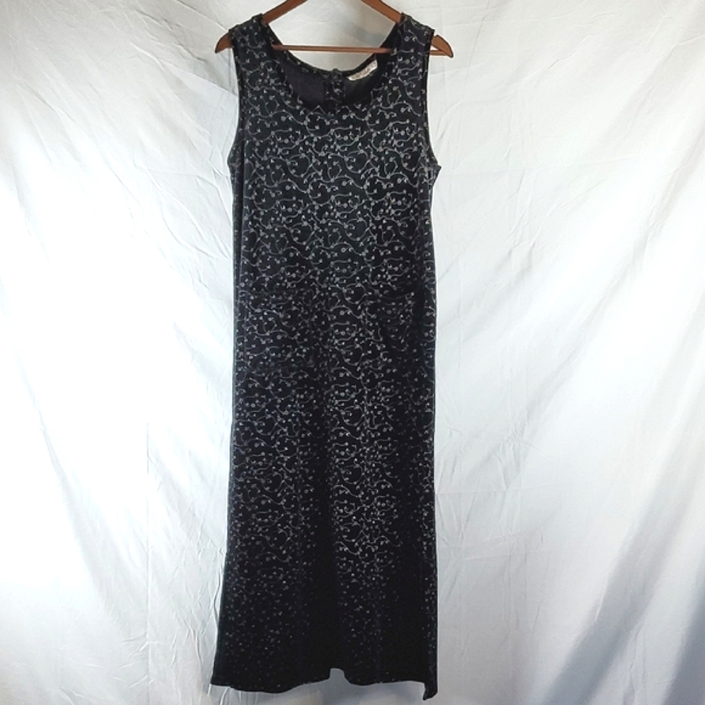 Vintage 90s Black Velvet Maxi Dress with Floral Pattern